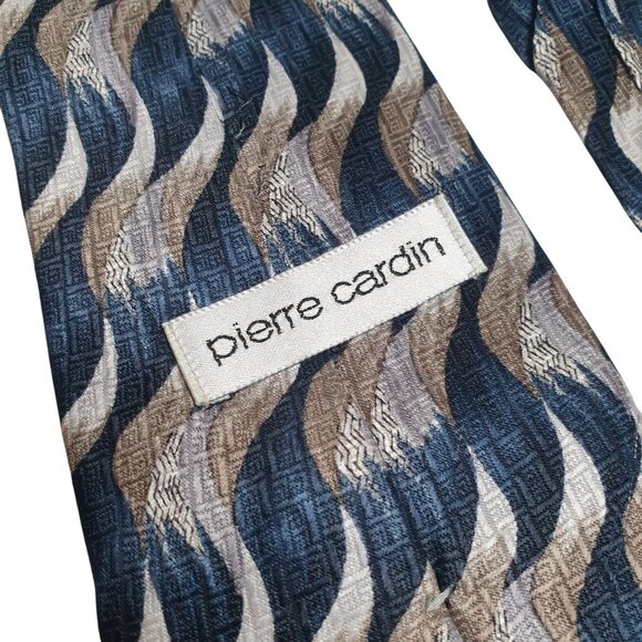 Vintage Designer Pierre Cardin Men Wavy Pattern Silk Tie Blue Silver Tan Dad - Picture 4 of 5